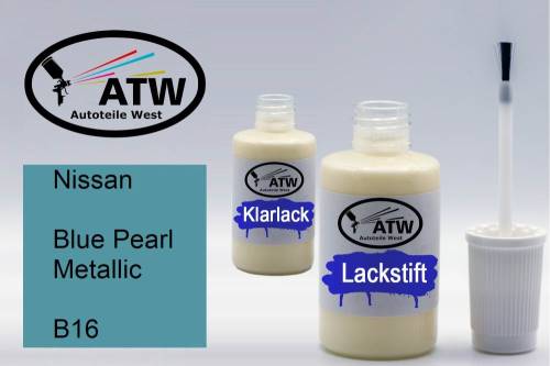 Nissan, Blue Pearl Metallic, B16: 20ml Lackstift + 20ml Klarlack - Set, von ATW Autoteile West.